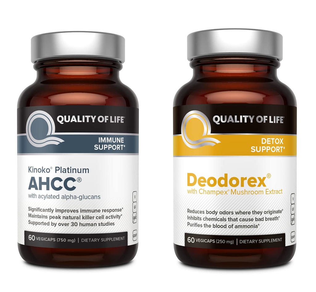 Elämän laatu Kaikki luonnollinen immuuni tuki ja detox Bundle - Kinoko Platinum AHCC Sieniuute - Deodorex Detox Support Supplement