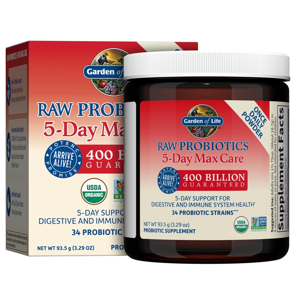Garden of Life Raw Probiootit 5-päivä Max Care - 400 miljardia PMY - Probiootti jauhetta digestiivinen & Immuuni tuki - Banaani, 5 Tarjoukset