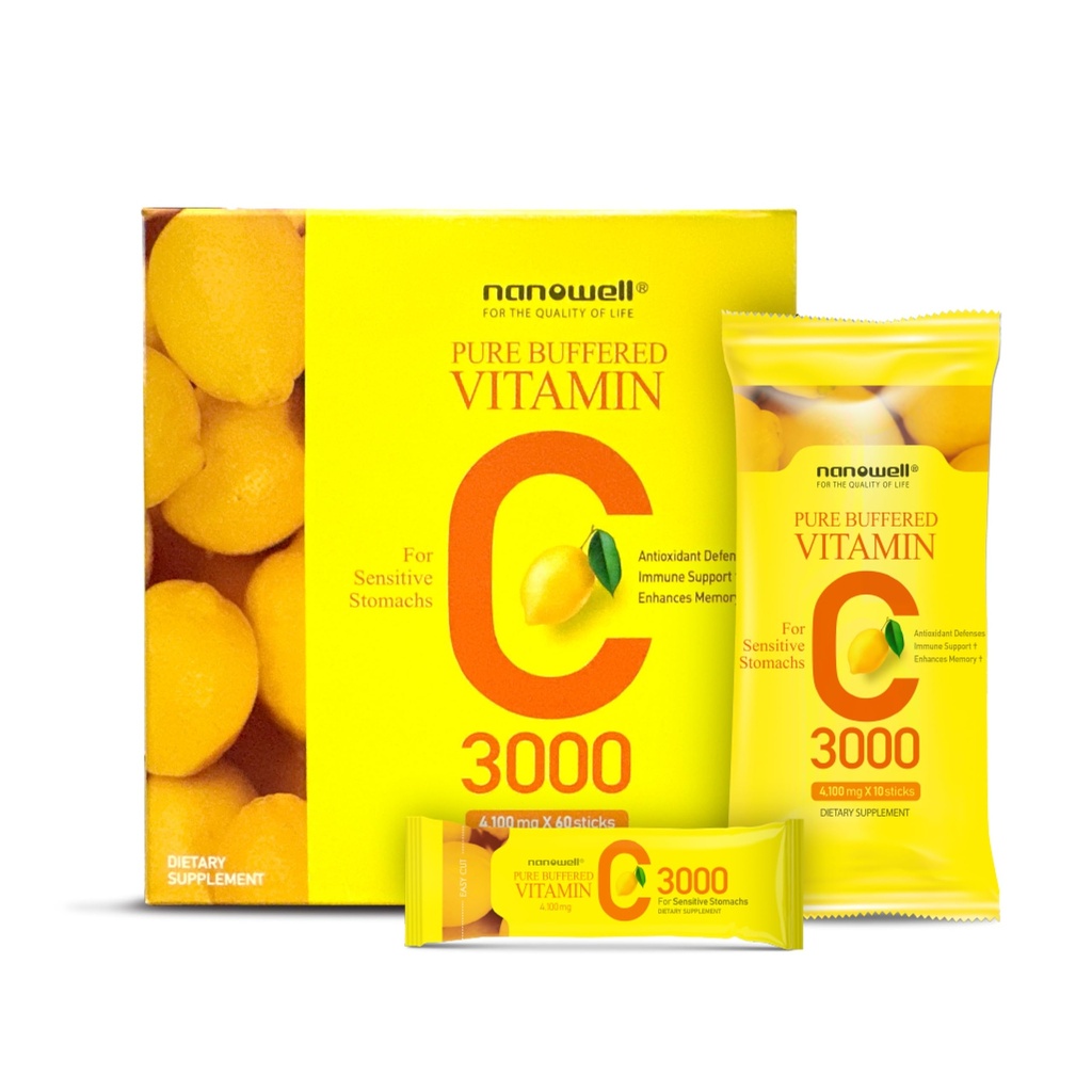 NANOWELL Pure puskuroitu C-vitamiini 3000 mg per tarjoilu, ravintolisä immuunitukea - 60 tikkua x 1 laatikko, 2 kuukautta Supply (60 kreivi)