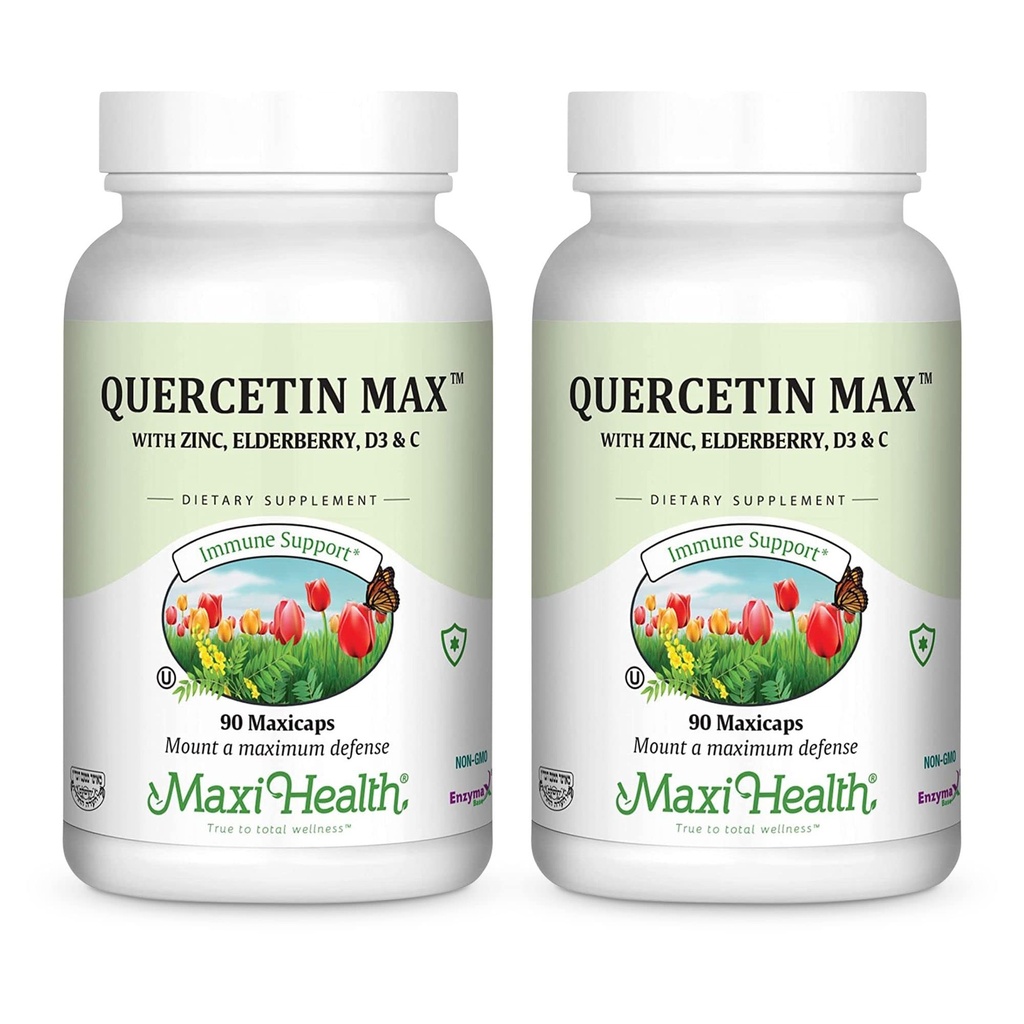 Maxi Health Quercetin 500mg Capsules - Zink Supplements for Women and Men - Non-GMO, Kosher och Gluten-Free Quercetin Supplements with Elderberry Vitamin C and Zinc (90 Veg Capsules, Pack of 2)