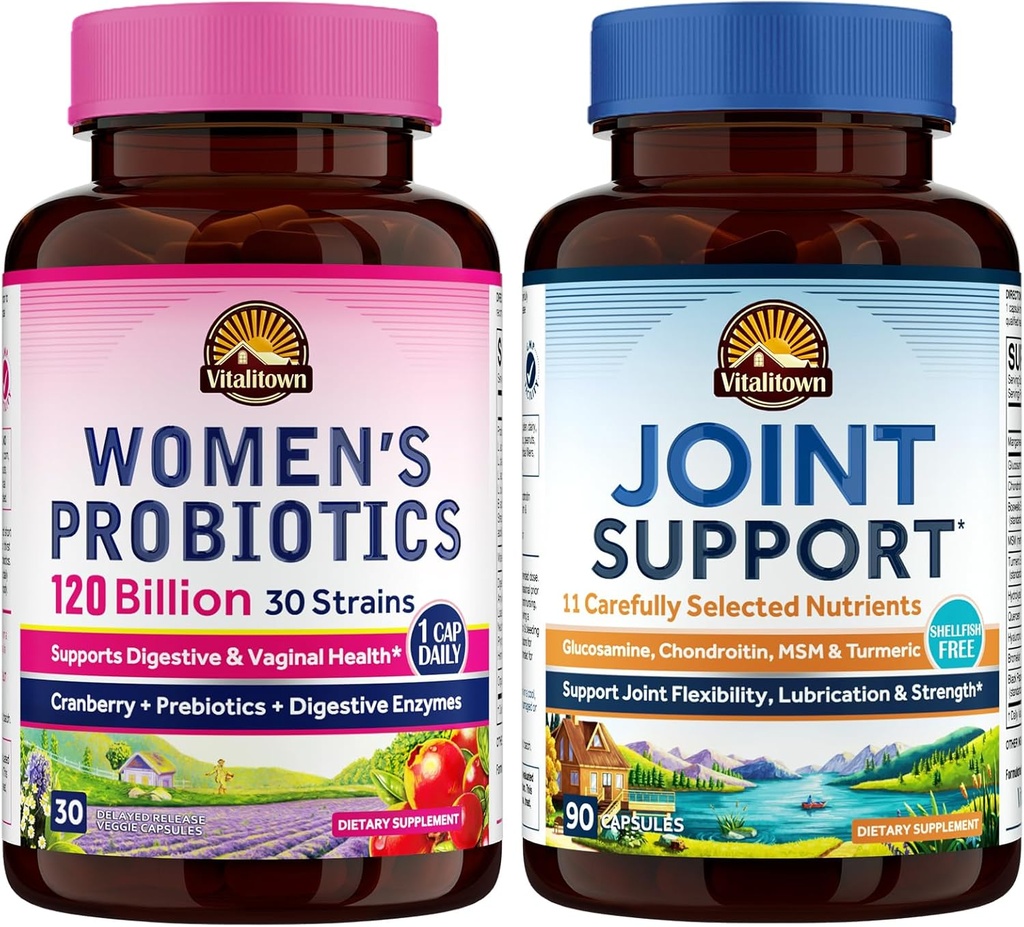 Vitalitown Women's Probiotic & Joint Support Bundle (Pack of 2) | Kvinnors Probiotika 120 miljarder (punkt 1) & Joint Support (punkt 2) | Shelf Stable | Joint & Women's Health | Menopause
