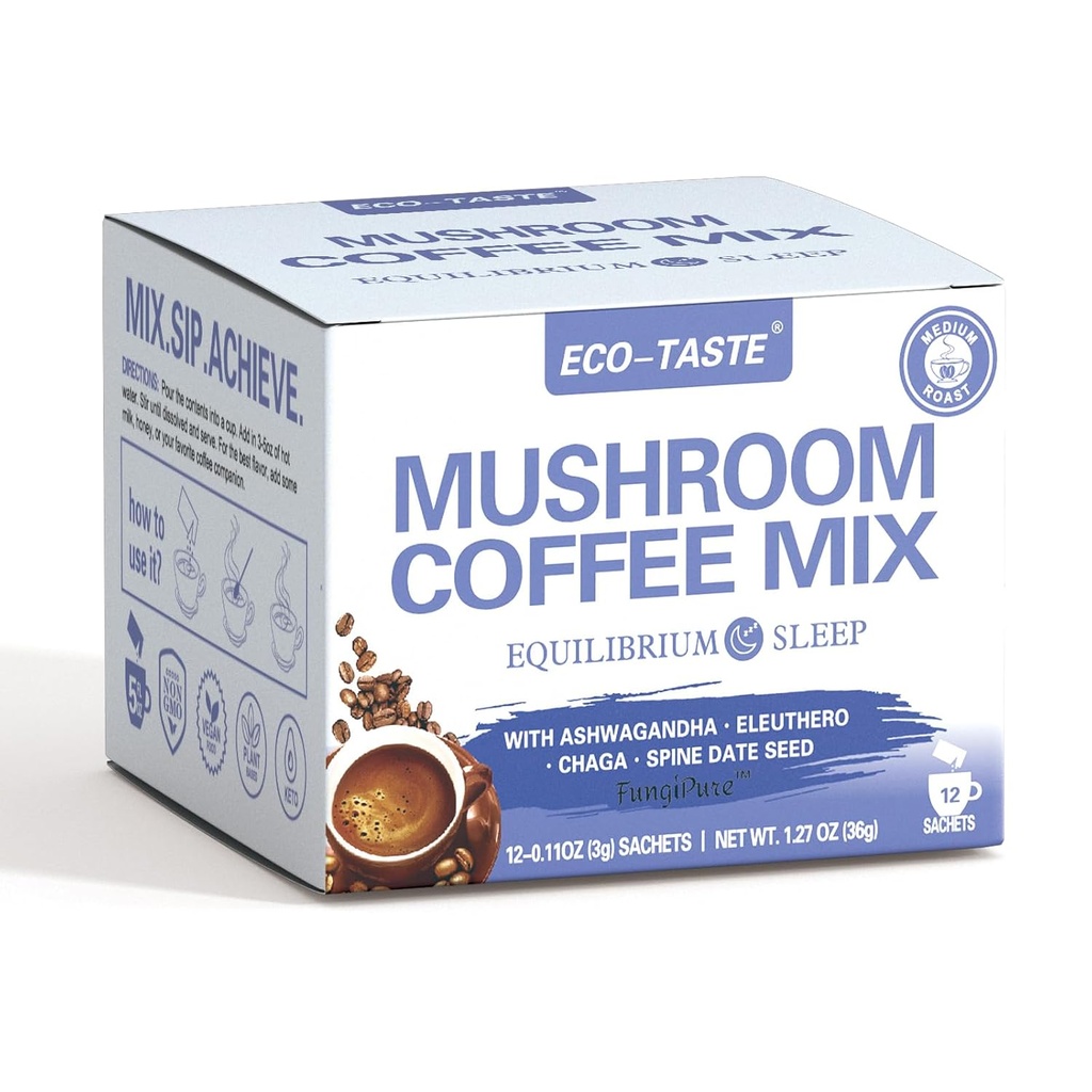 ECO-TASTE Sienikahvi Mix, suunniteltu tasapainottamaan Ashwagandha, Eleuthero, Chaga, mänty päivämäärä siemenet ... 12 pussia
