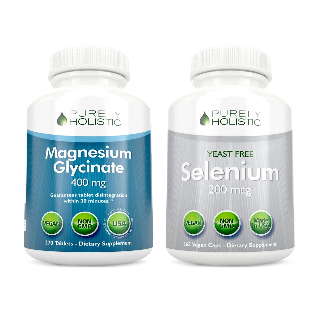 Magnesium Glycinate 400 mg + Selenium 200 mcg - Vegan Bundle - 270 tablettia & 365 kapselia - valmistettu Yhdysvalloissa