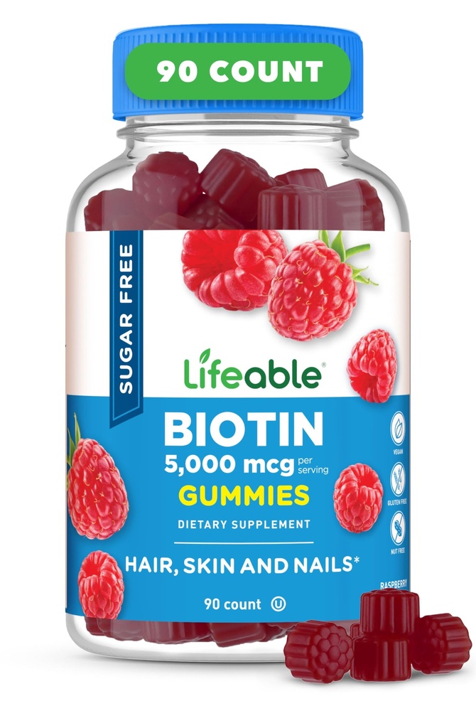 Livliga sockerfria Biotin Gummies | 5000mcg Vitamin B7 | Great Tasting Biotin Supplement | för hårväxt, hud och nagelhälsa | Hårtillskott för kvinnor, män, vuxna | 90 Gummies