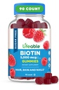 Livliga sockerfria Biotin Gummies | 5000mcg Vitamin B7 | Great Tasting Biotin Supplement | för hårväxt, hud och nagelhälsa | Hårtillskott för kvinnor, män, vuxna | 90 Gummies