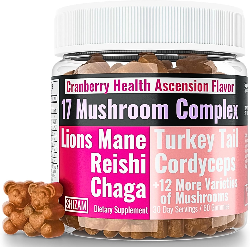 SHIZAM 17 Mushroom Complex Gummies för vuxna Chaga Lions Mane Cordyceps Reishi Lion's Mane Turkeytail Turkiet Tail, bättre dagliga tillskott Alt för kapslar och pulver vitaminer Super-Food Blend 10