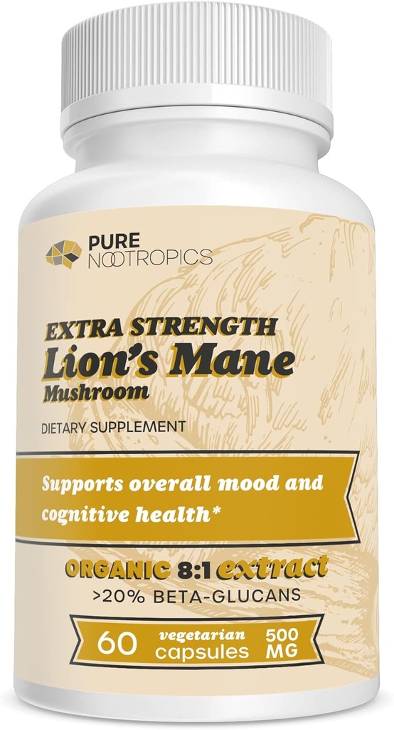 Rena Nootropics - Organic Lion's Mane 8:1 Mushroom 500 mg | Dual Extract | 60 Vegetariska Caps | >20% beta-glucans | Hericium erinaceus | Hjärnhälsa