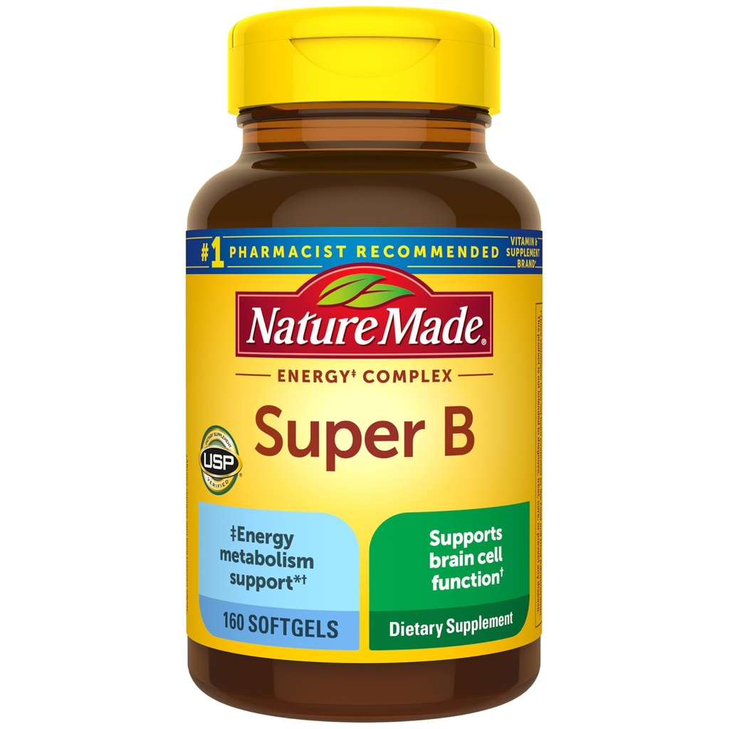 Nature Made Super B Complex Vitamiinit naisille ja miehille, Ruokavalio täydentää energian aineenvaihduntaa tukea, Super B-vitamiini Complex, 160 Softgels, 160 päivän tarjonta