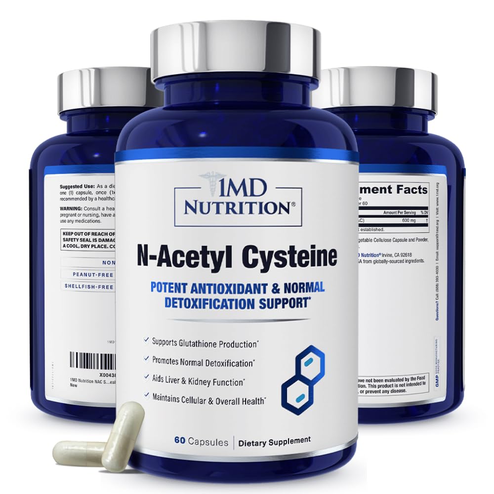 1MD Nutrition NAC Supplement N-Acetyl Cysteine - NAC 600 mg - Antioxidant stöder Detox och Glutathione Production - N Acetylcysteine Respiratory Supplement för Lung Health - 60 kapslar