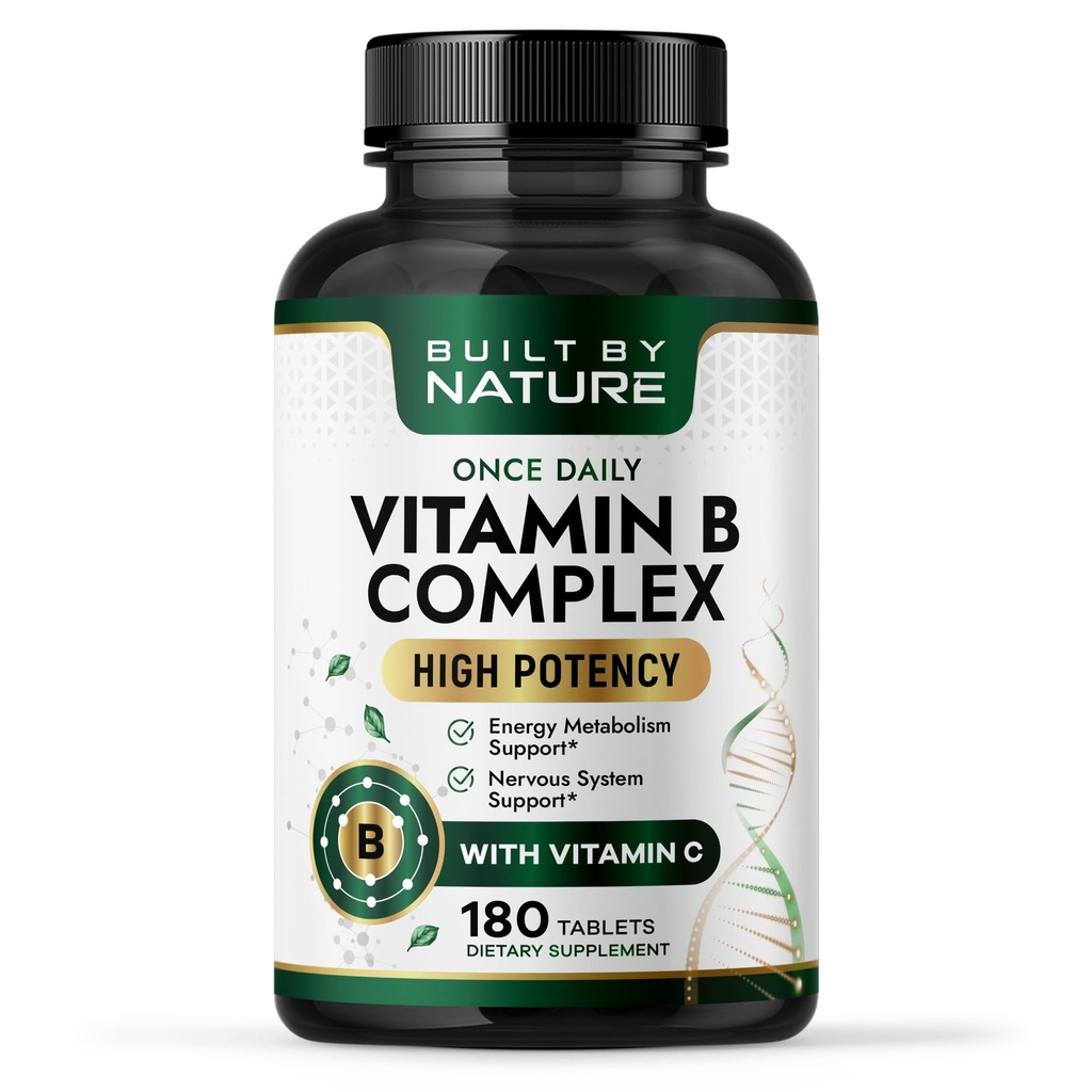 Byggd av naturvitamin B-komplex - Super B-komplex vitaminer för kvinnor och män - energi, stress och immunstöd - hög styrka B-vitaminkomplex med B12 - 180 tabletter