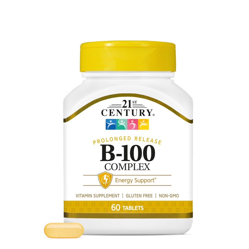 21st Century B-100 Complex depottabletit, 60 Count (Pack of 1), High Potency B Complex for Hermosto, Energy Support, sisältää B1-vitamiini, B2, B6, Biotiini & Kalsium