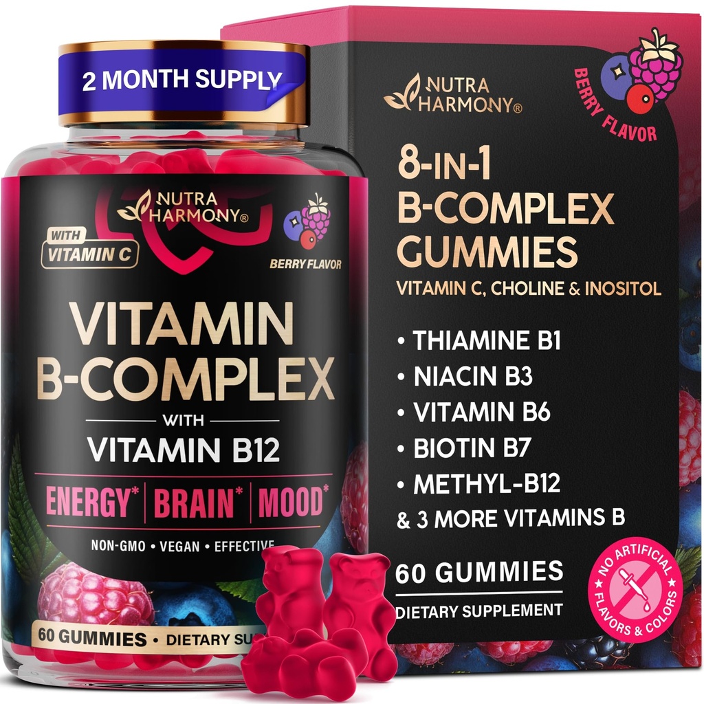 B-vitamiini-komplex Gummies naisten ja miesten - B12-vitamiini, B1, B2, B3, B5-, B6-, B7- ja B9-B-kompleksi C-vitamiini & koliini - energia, aivot & mieliala - luonnollinen Berry Flavor, Vegaani - 60 Gummies 2 kuukautta
