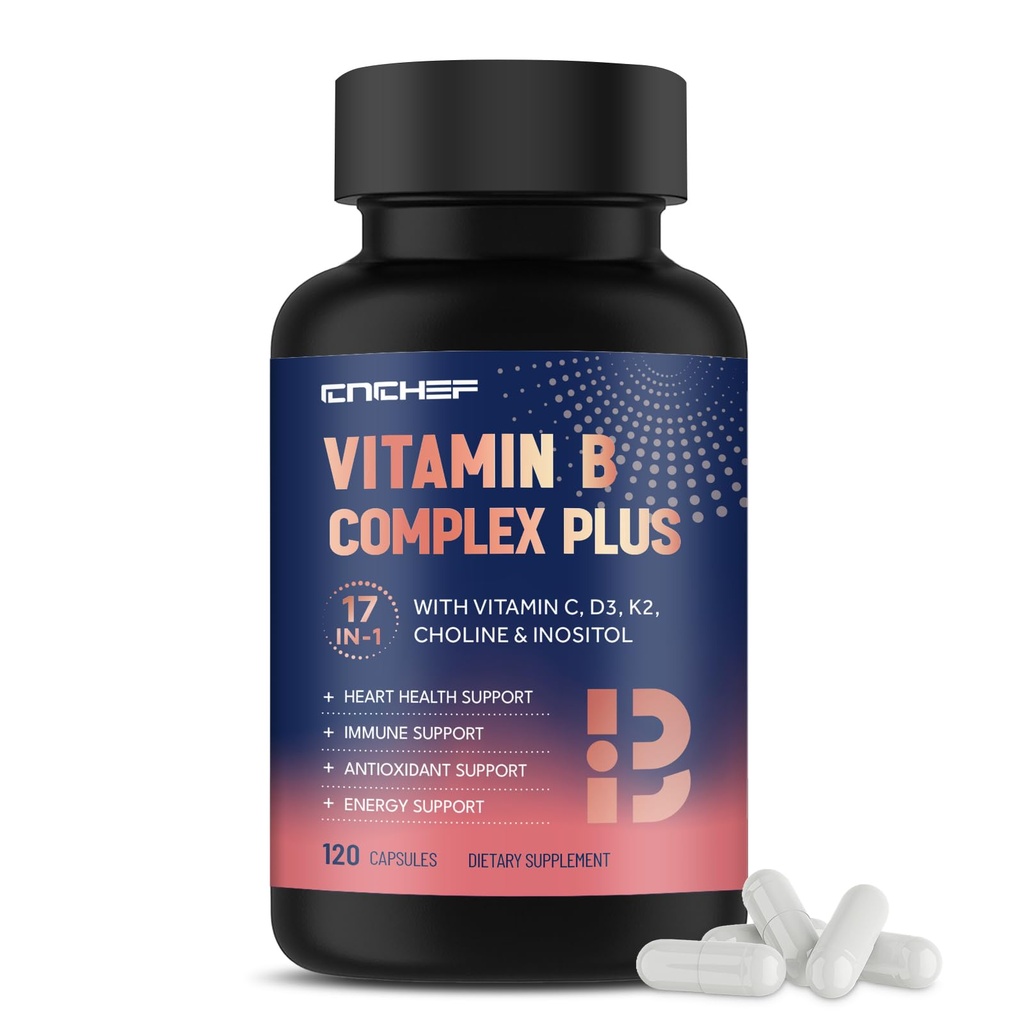 17-in-1 B-vitamiinikompleksi Plus B1, B2, B3, B4, B5, B6, B7 (biotiini), B8 (inositoli), B9, B12, C, D3, K2, energia, immuuni, iho, hermotuki miehille ja naisille - 120 kapselia