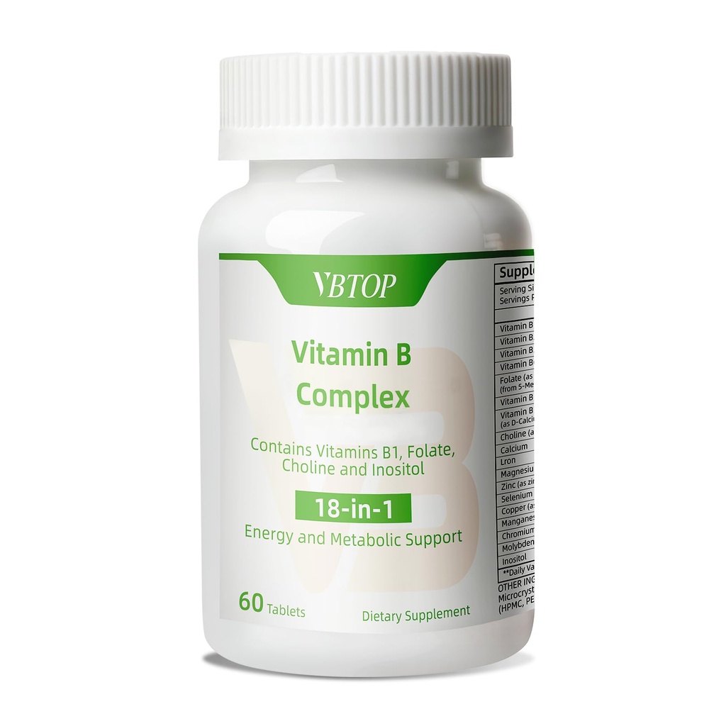 B-vitamiinikompleksi, jossa on B1-, B2-, B3-, B5-, B6-, B12-, foolihappo, koliini, sinkki, kalsium, inositoli, aivojen ja sydämen terveyteen, immuuniterveyteen ja solujen energiatukeen, 60 tablettia