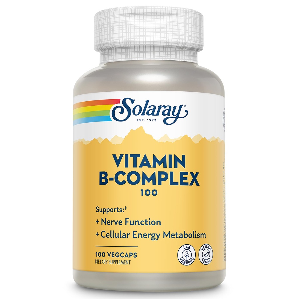 SOLARAY Vitamin B Complex 100mg - Cellular Energy, Nerve and Heart Health Support - Supplies All 8 B Complex Vitamins - Vitamin B12, B1, B2, B3, B6, Niacin, Folic Acid och Biotin - Vegan, 100 portioner