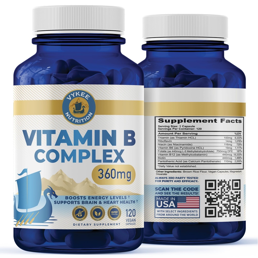 Vykee Nutrition B Complex Supplement - High-Potency B Vitaminer med 750mg DFE Folate, 440mcg B12/Biotin | Vegan Non-GMO | Stöder Cellular Energy Production & Red Blood Cell Formation | 120 kapslar