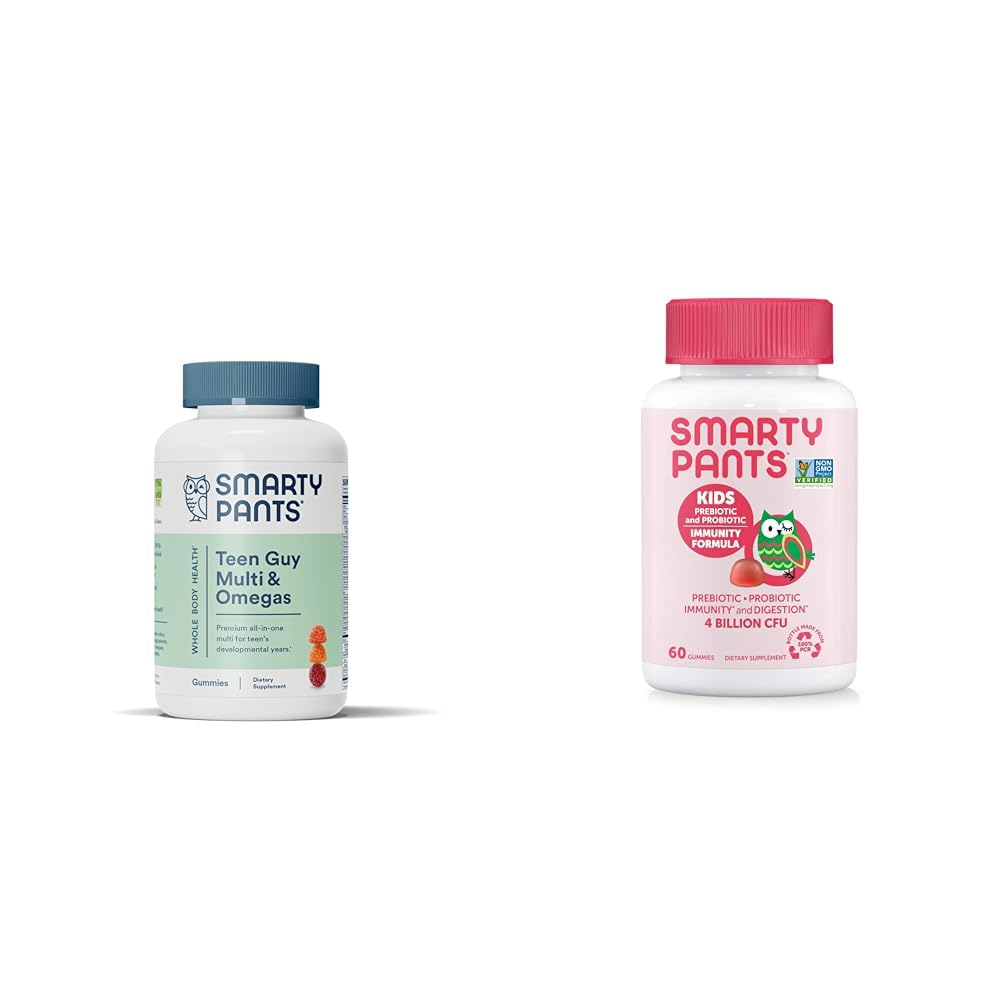 SmartyPants Teini Guy Multivitamiini Gummies: Omega 3 Kalaöljy (EPA/DHA) & Kids Probiootti Immuniteetti Gummies: Prebiootit & Probiootit Dgestive Health ja Immuunituki täydentää