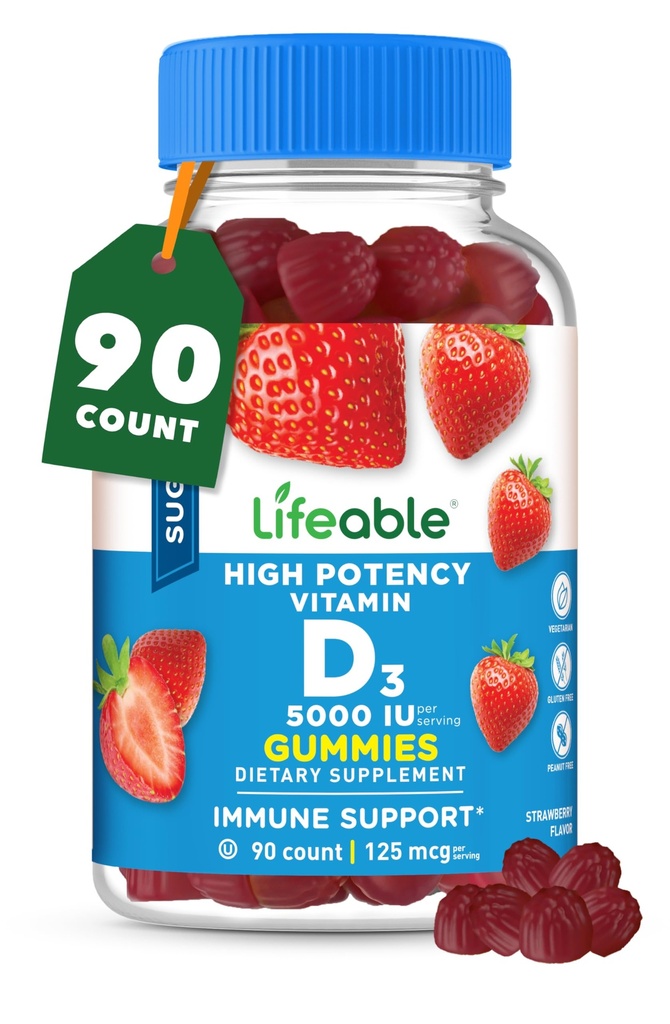 Elinkelpoinen sokeriton D-vitamiini 5000 IU - Great Makeuttava luonnollinen maku Gummy Supplement - Gluteeniton kasvissyöjä GMO-vapaa pureskeltava - Immuuneja tukea ja luun terveyttä - aikuisille - 90 Gummies