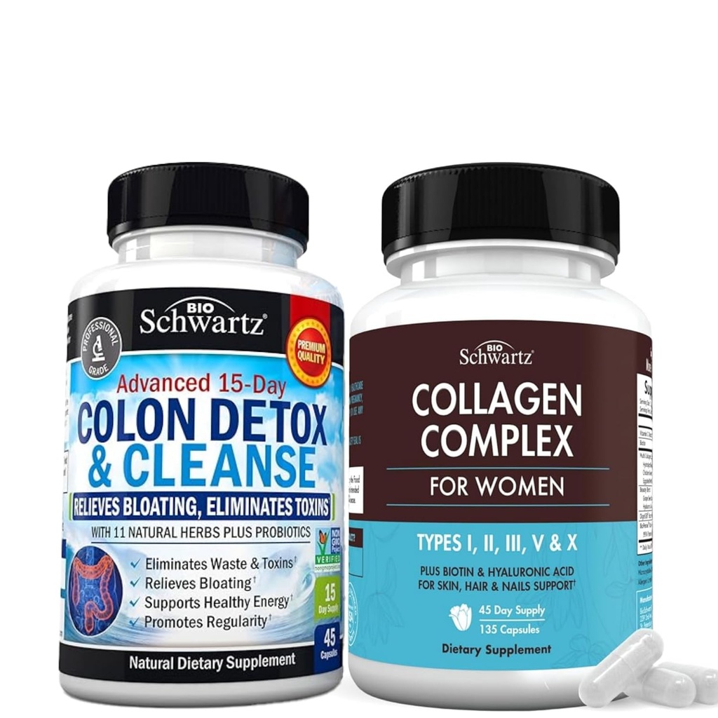 BioSchwartz 15 päivän puhdistus Colon ja Gut Health Plus Hydrolysed Collagen Peptide kapselit (45 päivän toimitus)