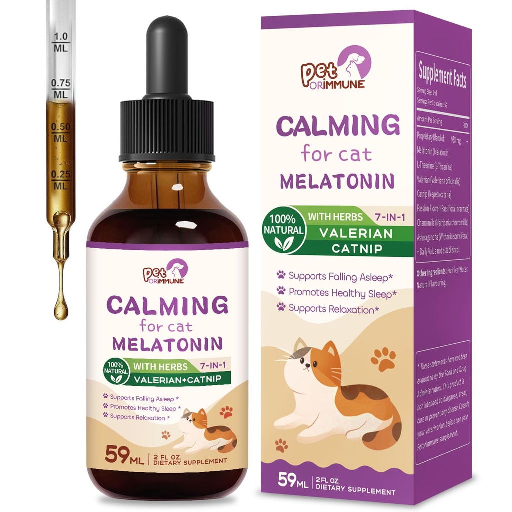 Cat Melatonin Natural Calming Drops, Tuki Putoaminen Nukkua ja tervettä unta, yrttiuute Rentoutus täydentää L-Theanine, Valerian, Kissanminttu, Passion Flower ja Kamomilla. 2 oz