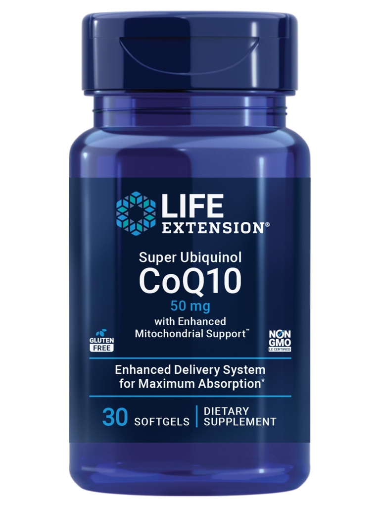 Life Extension Super Ubiquinol CoQ10, jossa on tehostettu mitokondrioiden tuki, Heart Health Supplement, Maksimi-imeytyminen, 50 mg, ei-GMO, Gluteenittomat, 30 pehmogeeliä
