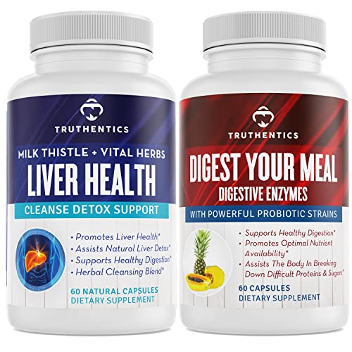 TRUTHENTICS Liver Health och Digestive Enzymes Bundle - Stöd för Liver Cleanse Detox, Digestion, Nutrient Absorption, Occasional Gas och Bloating - Gluten Free, Non-GMO