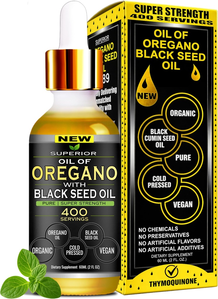 Oil Of Oregano With Black Seed Oil - 400 Servings, 2 in 1 Wild Organic Oregano Oil with Black Seed Oil for Immune & Digestive Support – Non-GMO, Gluten-Free Drops – Herbal Wellness Supplement