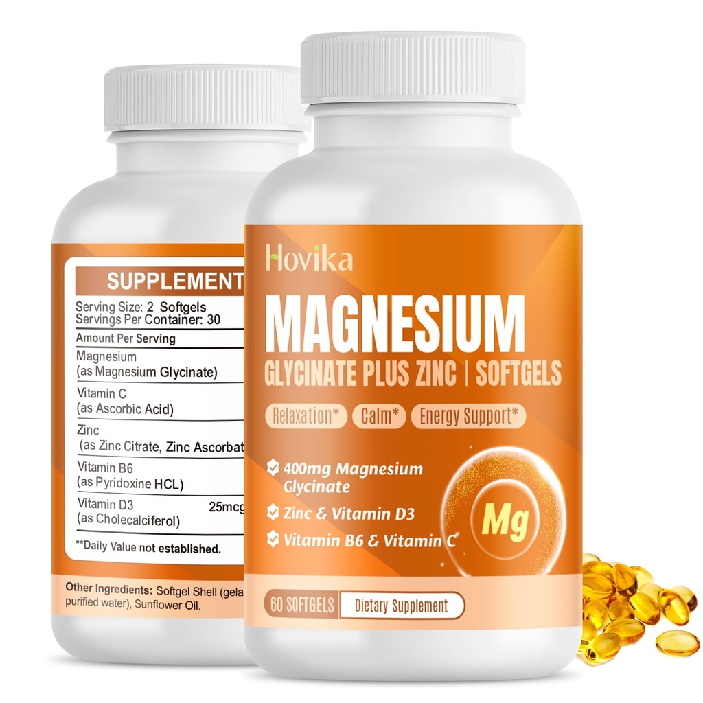Magnesium Glycinate Supplement Softgels, Magnesium Glycinate 400 mg sinkkiä, B6-vitamiinia, C-vitamiinia, D3, puhdasta magnesiumia uneen, rauhoittaa, lihaksia, energiaa, sydämen tuki - 60 vegan kapselia naisille ja miehille