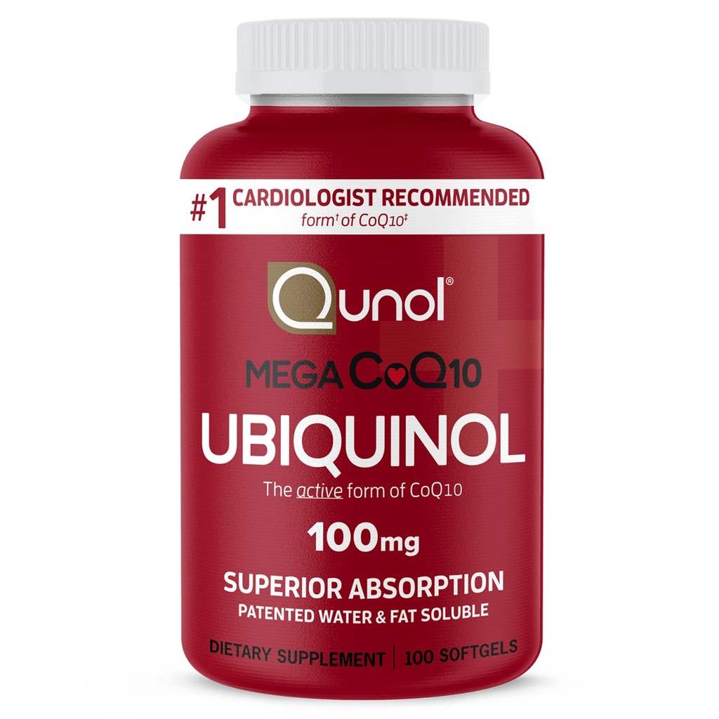 Qunol Mega Ubiquinol 100mg CoQ10, Superior Absorption, Patented Water och Fat Soluble Natural Supplement Form of Coenzyme Q10, Antioxidant för hjärthälsa, 100 Count Softgels.