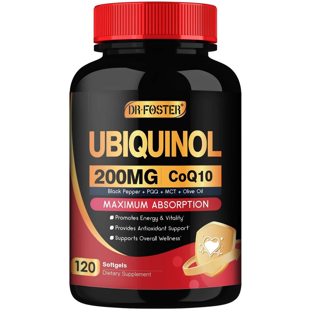 DRFOSTER Coq10 Ubiquinol 200 mg, Coq10 200 mg Softgels, Max Imeytyminen Ubiquinol E & PQQ & Black Pepper, Tehokas antioksidantti, 120 Softgels