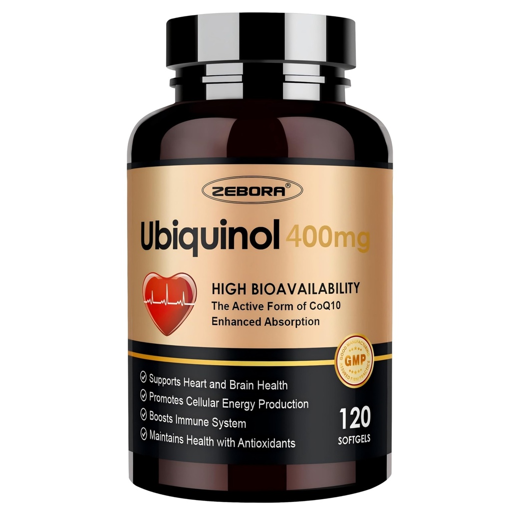 ZEBORA Ubiquinol CoQ10 400 mg Softgels C-vitamiinin & E-vitamiinin & Seleenin, Max-Absorption, 4-in-1 Tehokas antioksidantti, tukee sydämen terveyttä & energian tuotantoa,120 Softgels