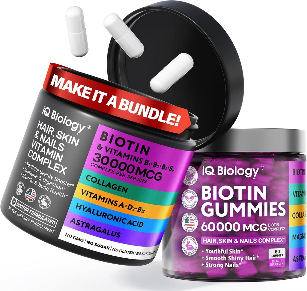 Biotiini hiusten kasvu Bundle - Biotiini vitamiineja & Keratin kapselit + hiukset Gummies Collagen & Astragus - hiukset ihon kynnet vitamiineja naisille & miesten 60 Caps + 60 Gummies
