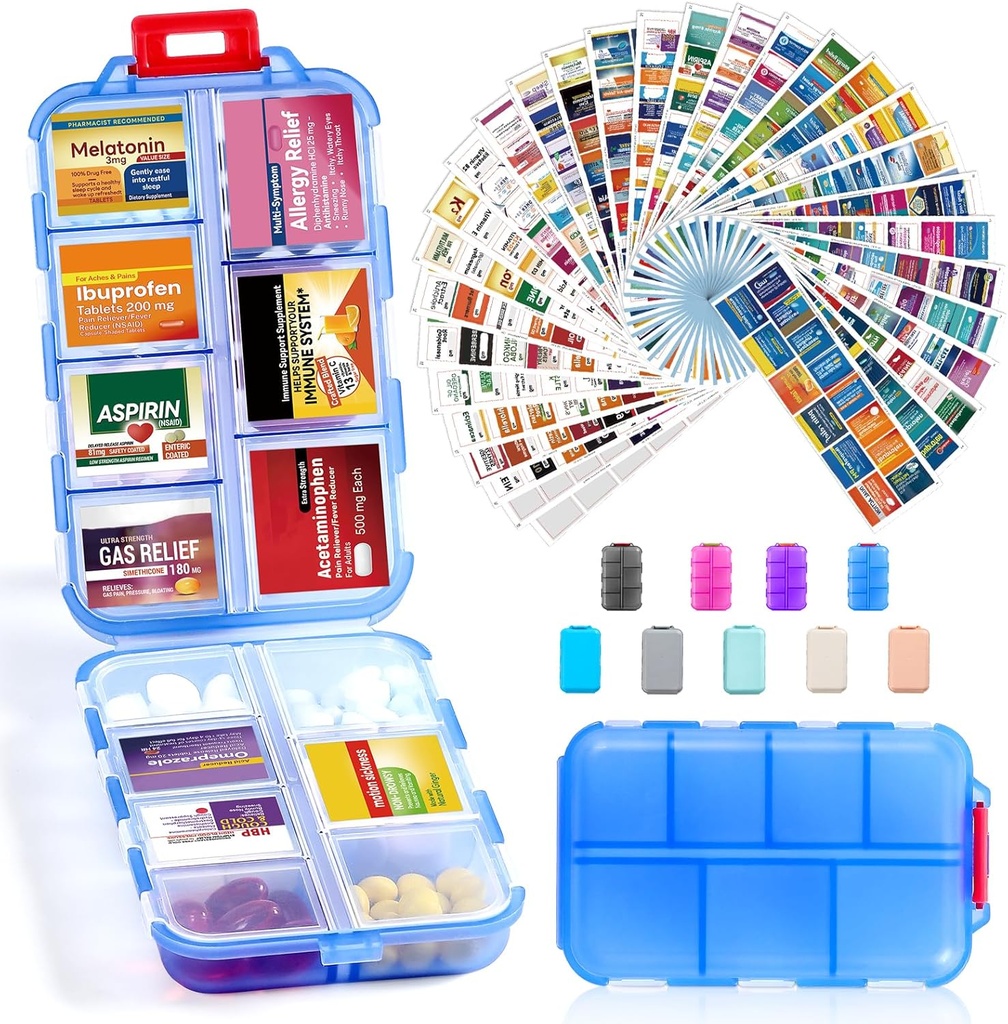 14 Grids Travel Pill Organizer Box med 415-Pcs Medicine Name Labels - Pocket Daily Pharmacy Case Container Kit - Travel Medication Holder Dispenser för Fish Oil Vitamin Supplement Storage -Clear Blue