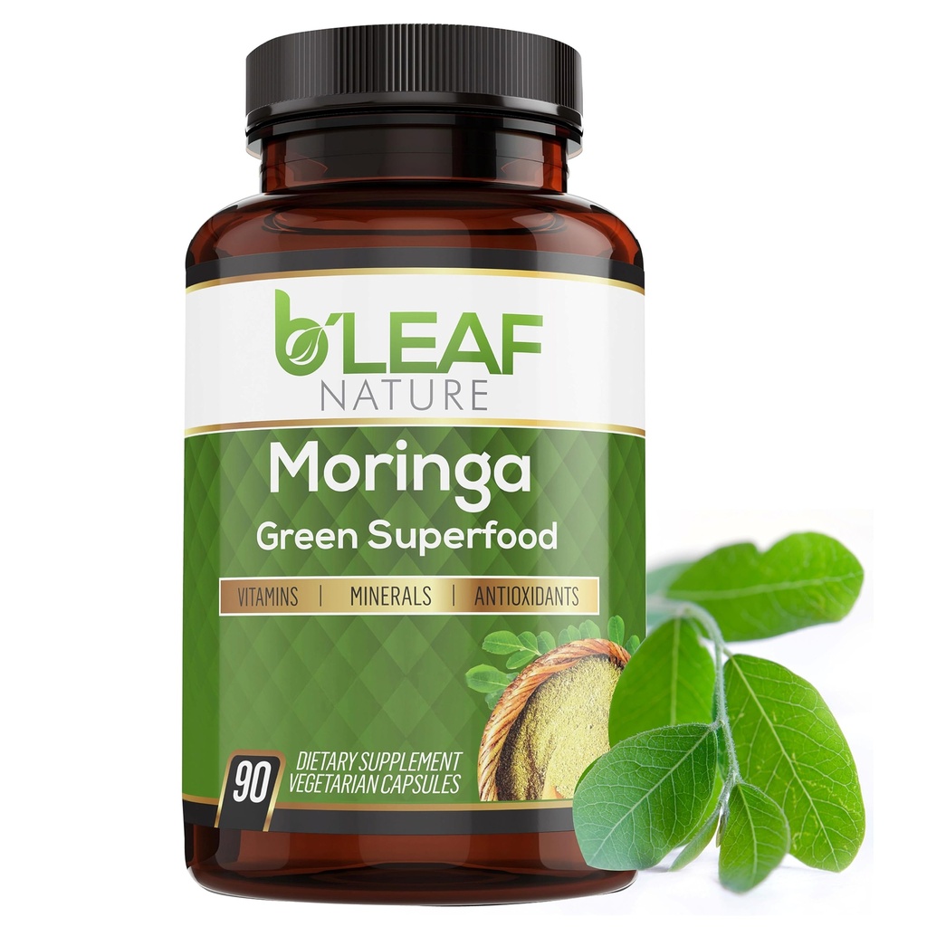 B'LEAF NATURE Organic Moringa Capsules 1000mg, 90 Count - Moringa Capsules med Organic Olefeira Powder för Immune Support, Energy & Balance - Vegan, icke-GMO Supplements för Daily Wellness