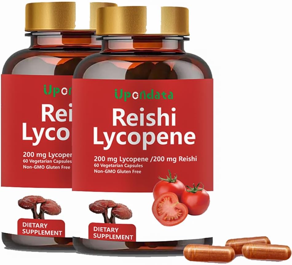 Lycopene Capsules, Natural Lycopene 200mg med Organic Reishi Mushroom 200mg Supplement för Prostate Health och Immune Support - Gluten-Free, Non-GMO, 60 Capsules (2 Pack)