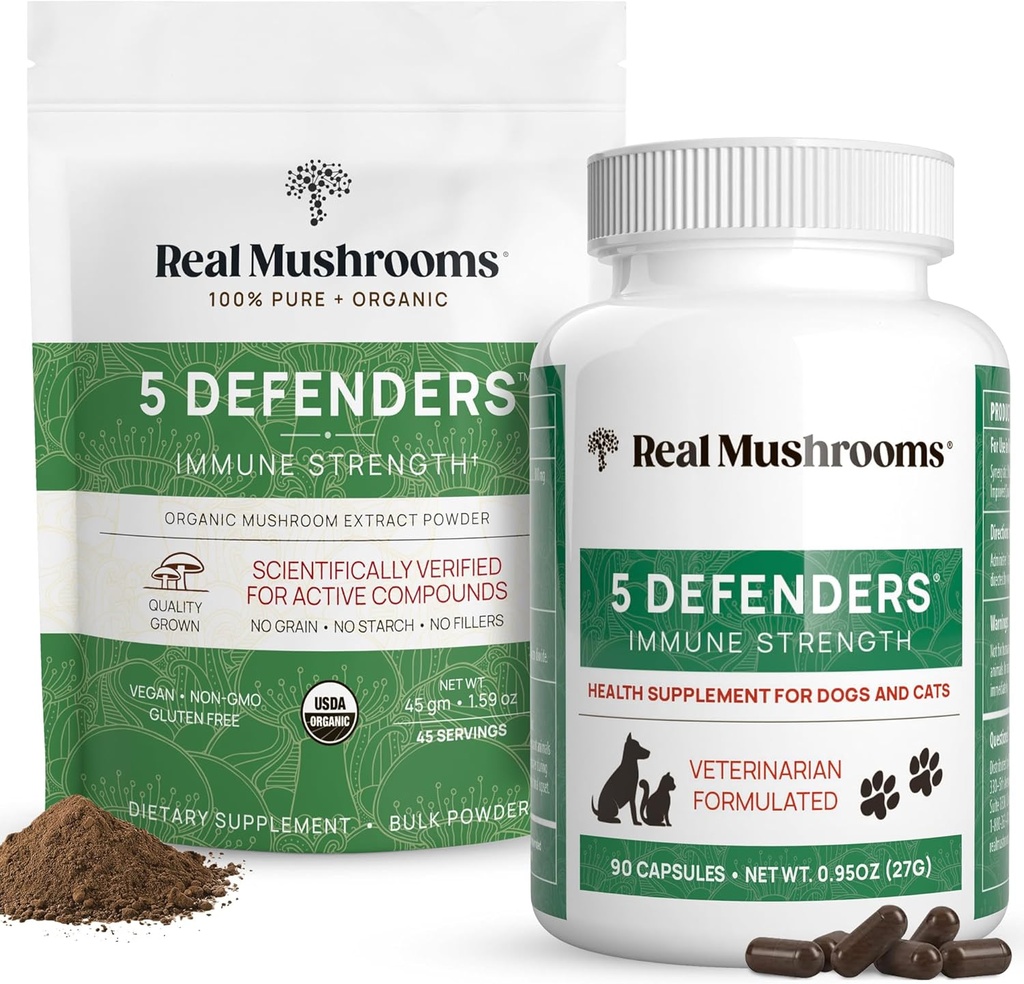 Real Mushrooms 5 Defenders for Humans (45g) & Lemmikkieläimet (90ct) - Pouch & Capsules Bundle - Chaga, Shiitake, Maitake, Turkey Tail & Reishi Mushroom - for Immuuni Strength & General Wellbeing - Vegan, Non-GMO