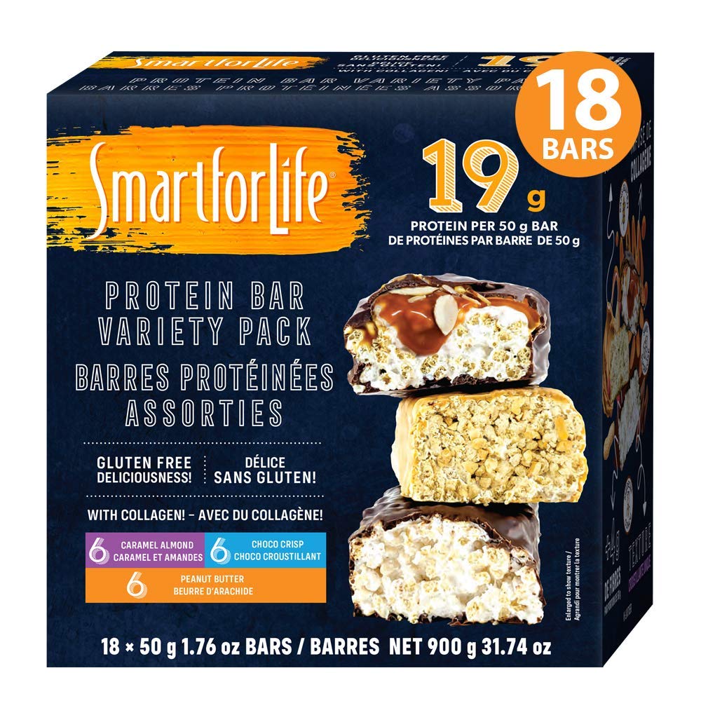 Smart for Life - High Protein, Low Sugar Bar Variety Pack, Gluten Free Caramel Almond, Chocolate & Peanut Butter Chocolate Crunchy Meal Replacement Bars arbetar med Cookie Diet Non-GMO 18ct
