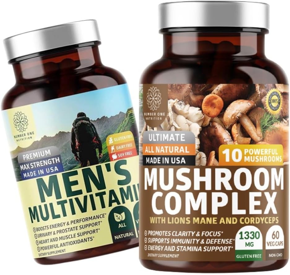 Number One Nutrition N1N Premium Mushroom Complex [10X kraftfulla svampar] och Mäns dagliga multivitamin [35 Potenta ingredienser], 2 Pack Bundle