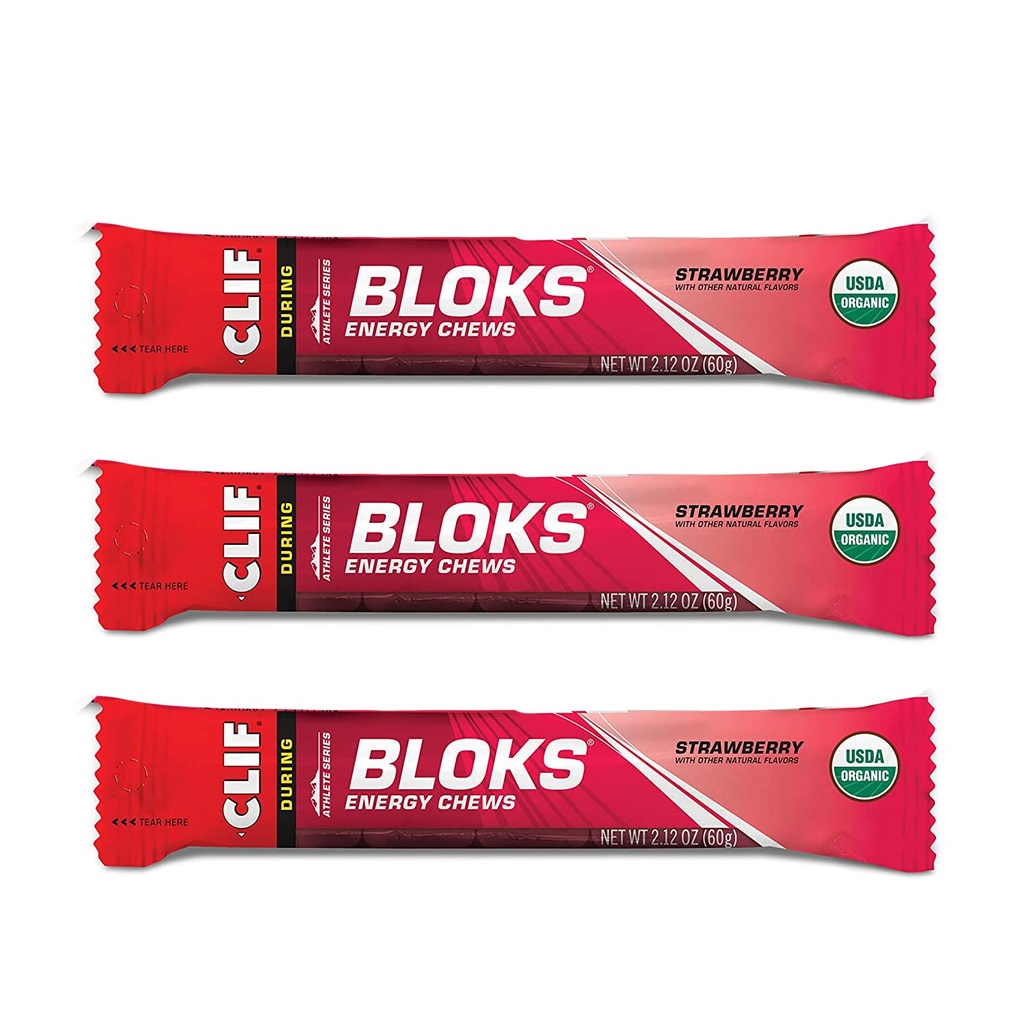 CLIF BLOKS - Energy Chews - Mansikka - ei-muuntogeenisiä organismeja - Kasvipohjaiset elintarvikkeet - Nopea polttoaineena pyöräilyyn ja Running-workout välipala (2.1 Ounce Packet, 3 Count)