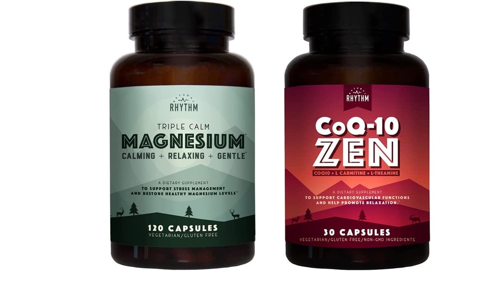 Luonnollinen rytmi Cardio Calm Bundle - Triple Calm Magnesium 150 mg, 120 kapselia + CoQ10-ZEN (Coenzyme Q10 + L-karnitiini + L- Theanine), 30 kapselia