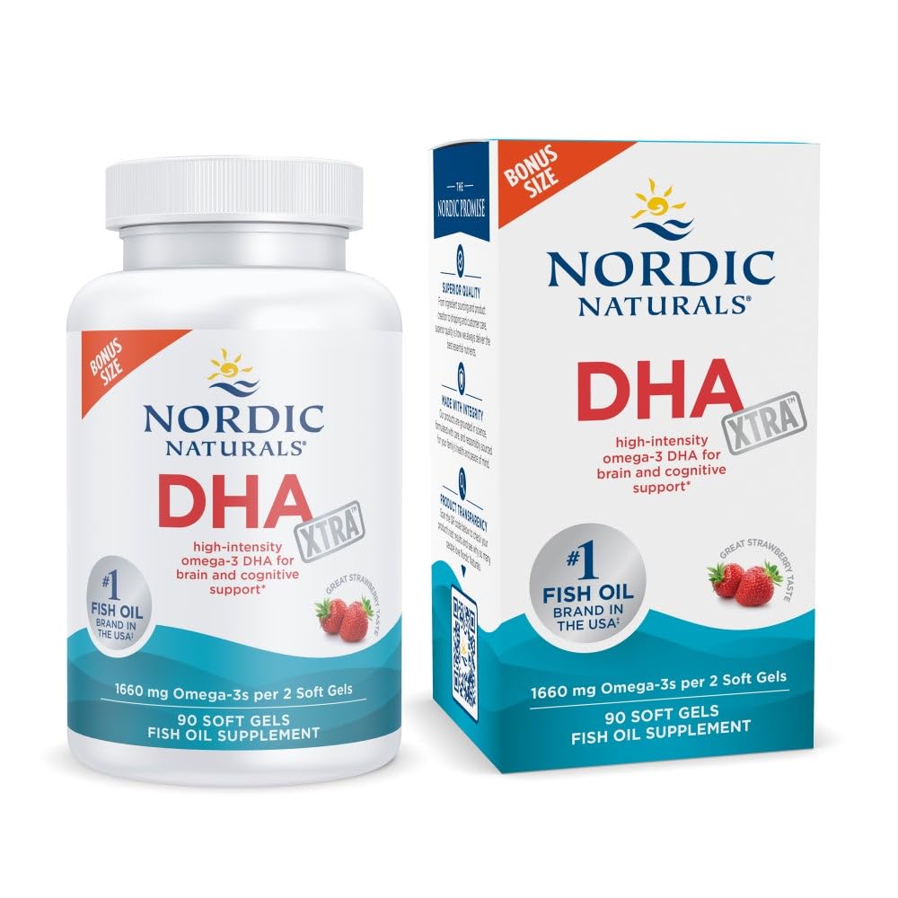 Nordic Naturals DHA Xtra, Strawberry - 90 Soft Gels - 1660 mg Omega-3 - Högintensiv DHA Formel för hjärn- och nervsystemstöd - icke-GMO - 45 portioner