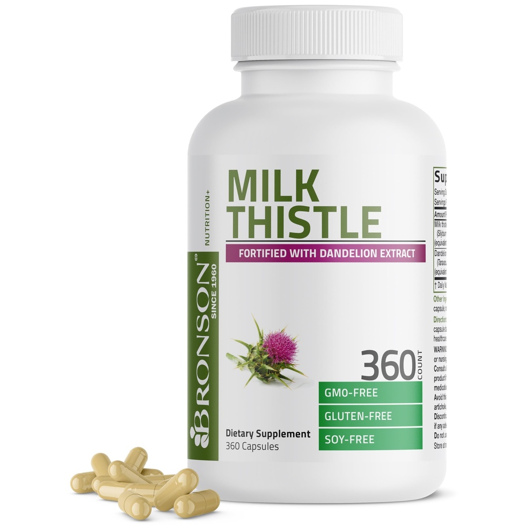 Bronson Milk Thistle Silymarin Marianum & Voikukka Juuri Maksan terveys tuki, antioksidantti tuki, Detox, 360 kapselia