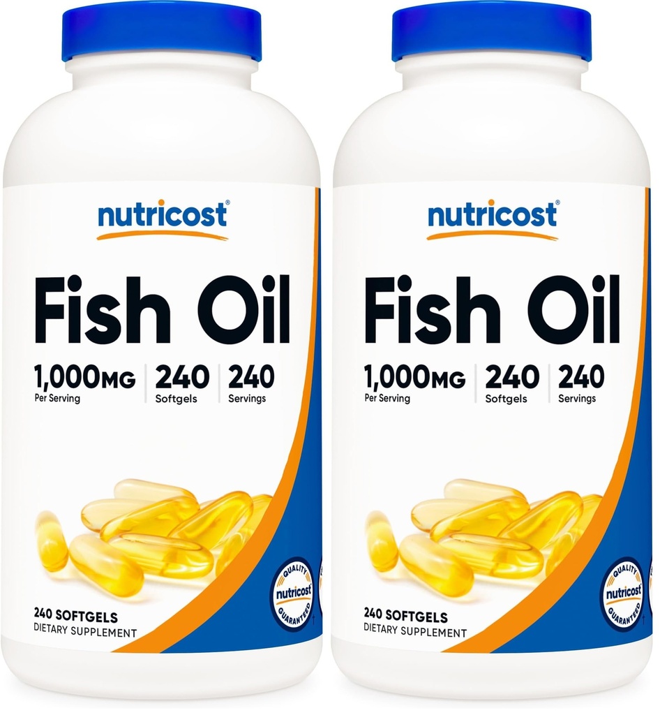 Nutricost Fish Oil Omega 3 Softgels with EPA & DHA (1000 mg Fish Oil, 560 mg Omega-3), 240 Softgels, ei-GMO, Gluteeniton. (Pakkaus 2)