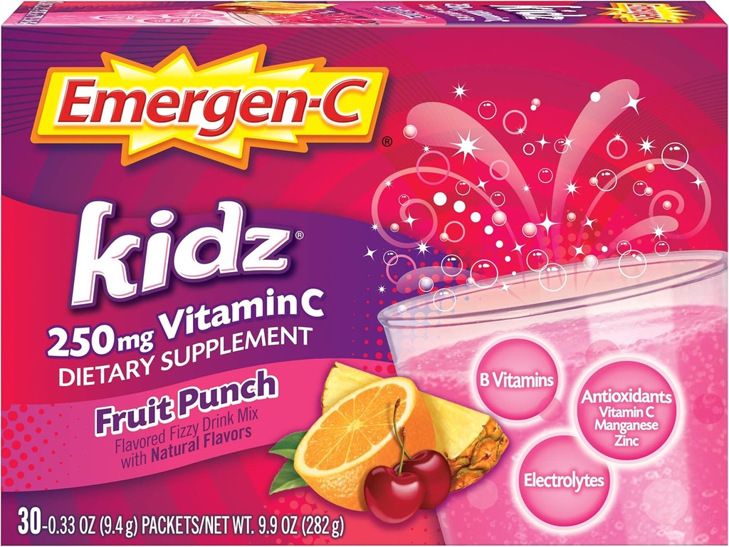 Emergen-C Kidz 250mg Lapset C-vitamiini Powder, kofeiiniton, Immuuniton tuki Drink Mix, Hedelmät Punch Flavor - 30 Count/1 kuukauden tarjonta