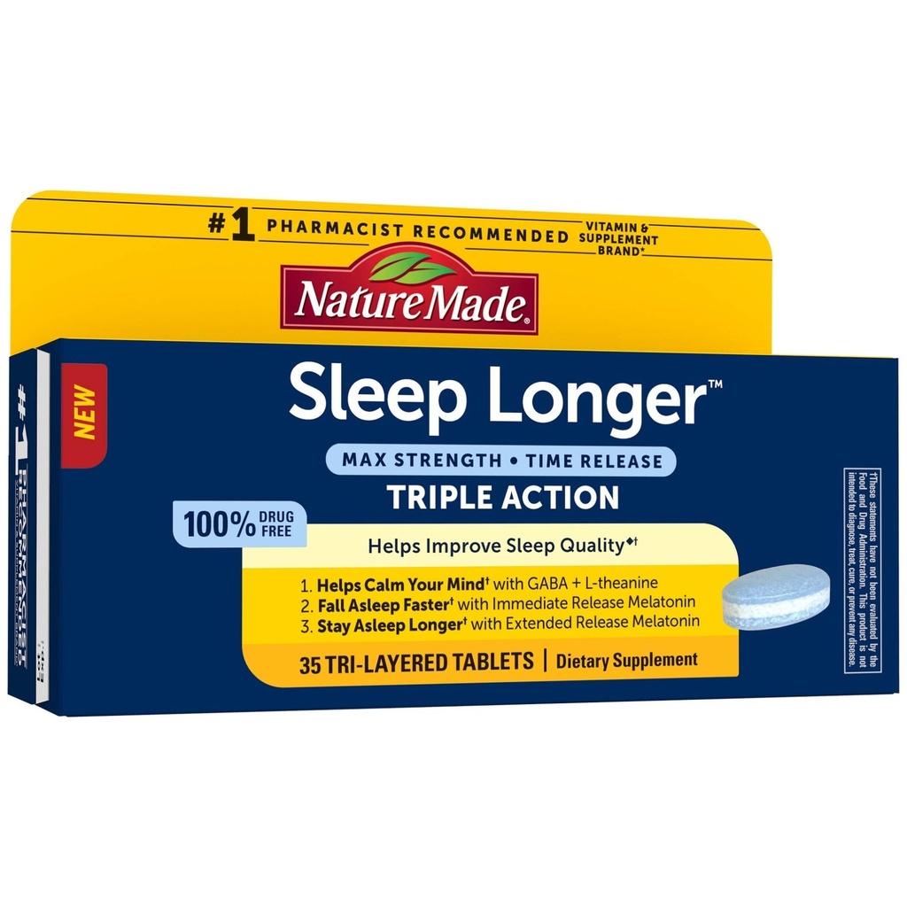 Nature Made Sleep Pidempi, Melatoniini 10mg Aika Julkaisu Tri-Layer tabletit, auttaa parantamaan unen laatua, putoaa Nukkua Nopeammin, Pysy Nukkua pidempään, L-Theanine ja GABA auttaa rauhoittamaan mielesi, 35 tablettia