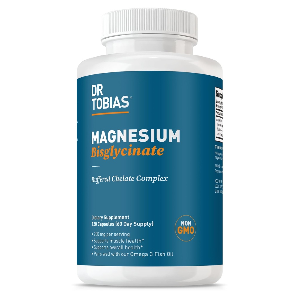 Dr Tobias Magnesium Bisglycinate, High Absorption Magnesium Buffered Chelate Complex, 200 mg per kapsel, Stöder energi, muskel, ben och gemensam hälsa, icke-GMO Magnesium Supplement, 120 kapslar