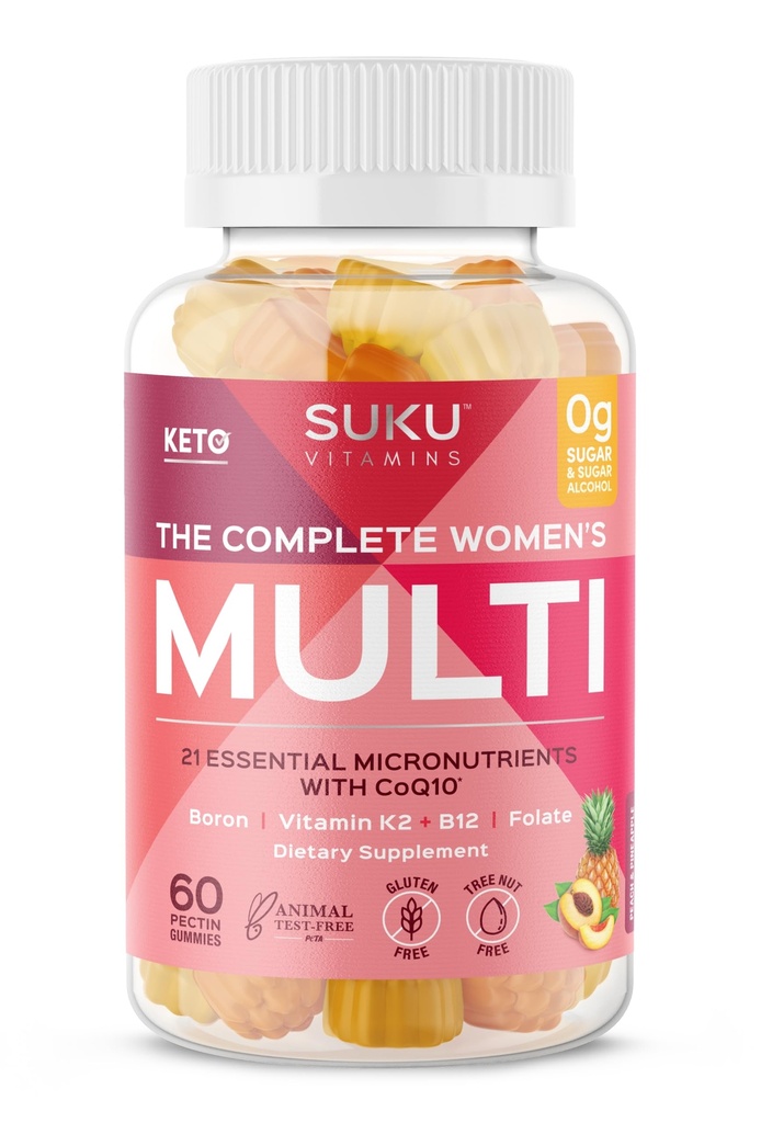 SUKU-vitamiinit - Täydellinen naisten Multi - Boron, K2-vitamiini, B12-vitamiini, A-vitamiini ja enemmän naisten terveydelle - helppo pureskella - ei-muuntogeenisiä organismeja, gluteeniton sokeri - Ananaksen ja persikan makuiset Gummy-vitamiinit, 60