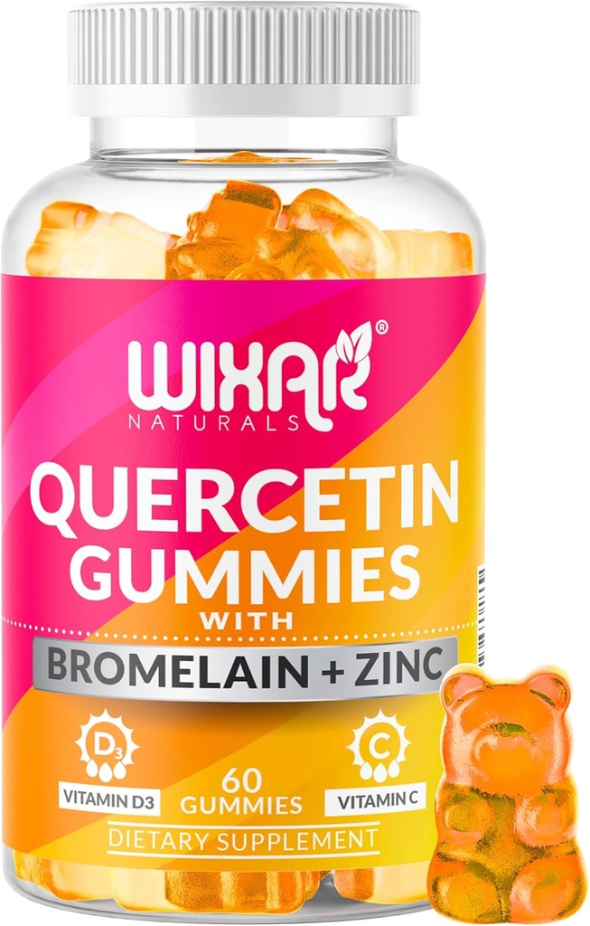 Quercetin Gummies - Quercetin 500mg med Bromelain, Zink, Vitamin C & D3 - Quercetin Gummy Supplements for Immune Support and Allergy - Immunity Booster Vitamins Supplement - 60 Chewable