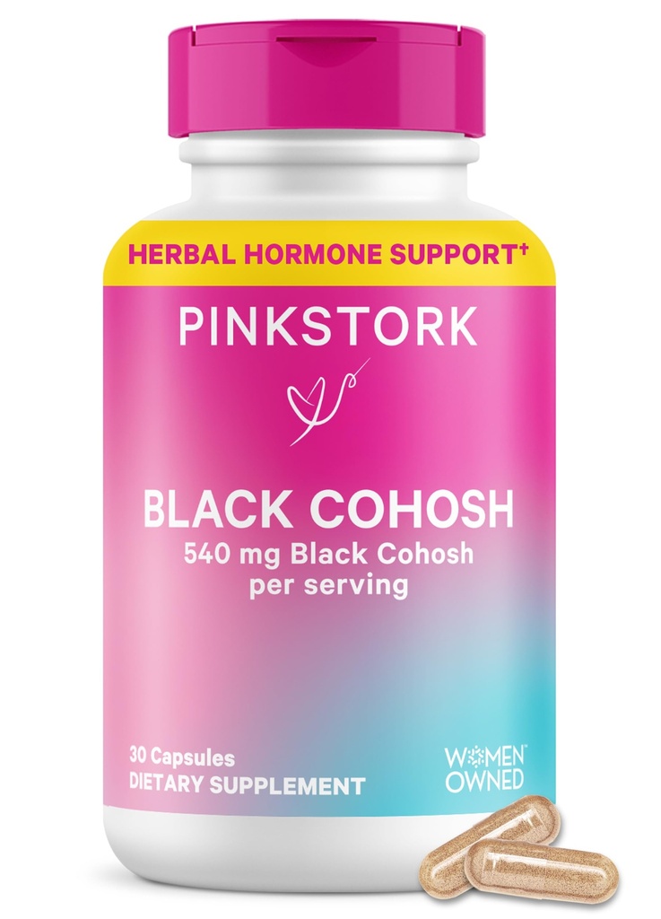 Vaaleanpunainen Stork Black Cohosh täydentää naisille - 540 mg puhdas musta Cohosh perimenopaussit, vaihdevuodet Tuki - 30 kapselia