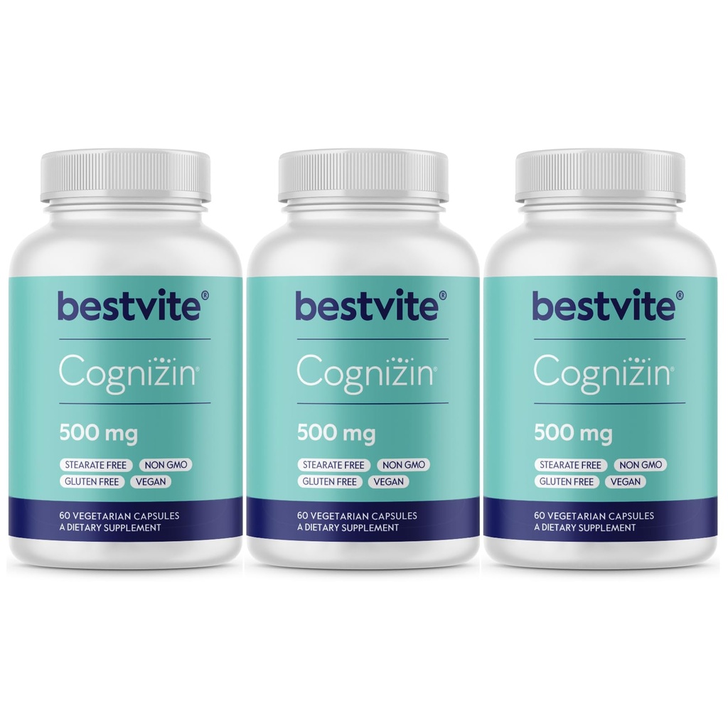 BESTVITE Cognizin Citicoline 500mg (180 kasvissyöjäkapselia) (60x3) - Kliinisesti tutkittu Premium Choline Nootropic - No Stearates - Vegan - Gluteeniton - Aivolisäkkeet muistia ja keskittyä